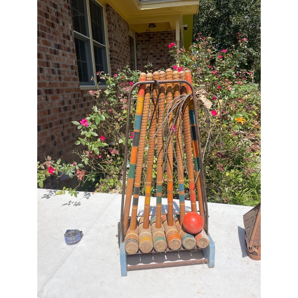 Vintage Lampley South Bend IN 6 Player Wooden Croquet Set Wheeled Caddy